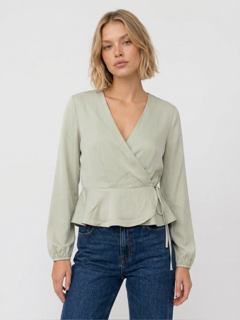 Gianni Bini Sage Green Satin Wrap Peplum Blouse – Size M